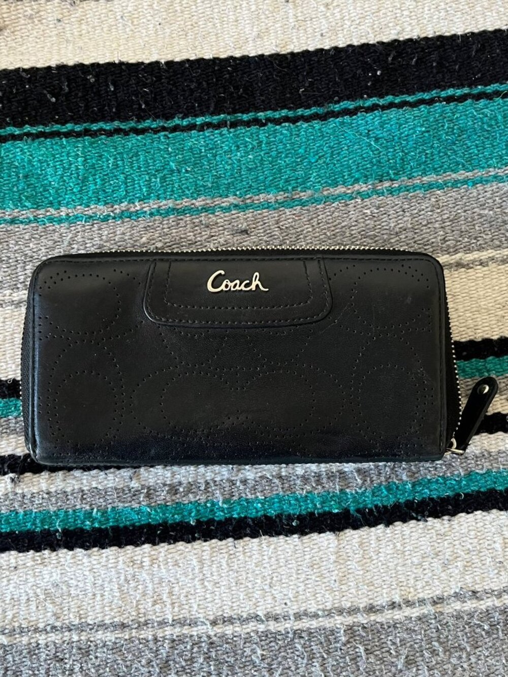Coach Black Perforated Zip Around Wallet